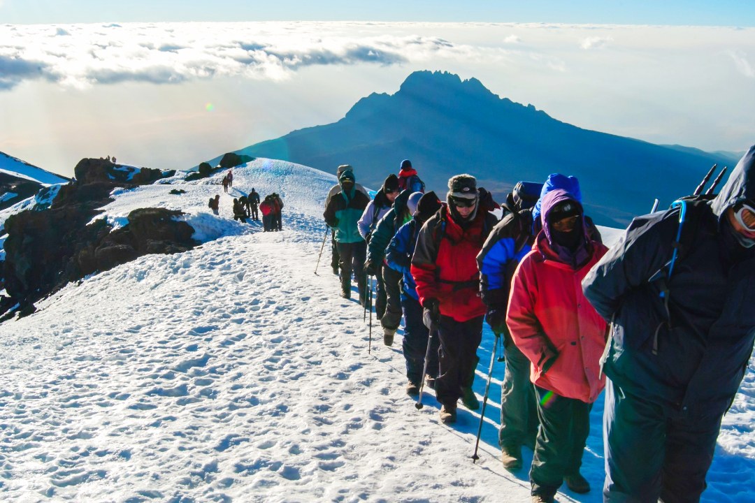Tourists climbing mount Kilimanjaro via Lemosho Route