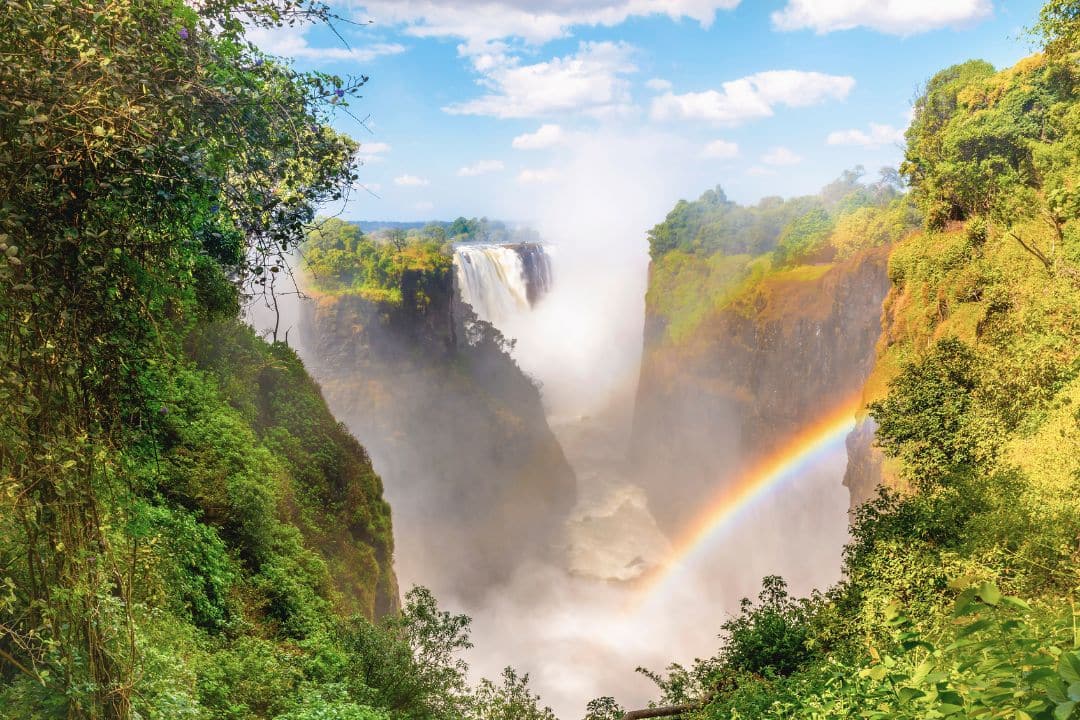 A lush and green environment with Victoria Falls in the background and a rainbow