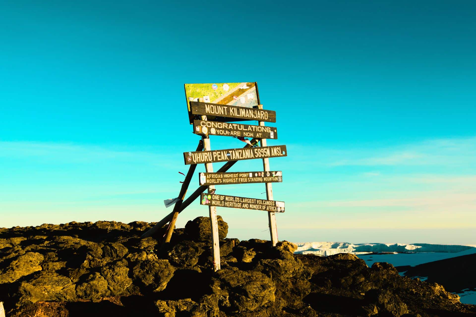 Uhuru Peak summit sign on Mount Kilimanjaro in Tanzania at 5,895 meters above sea level