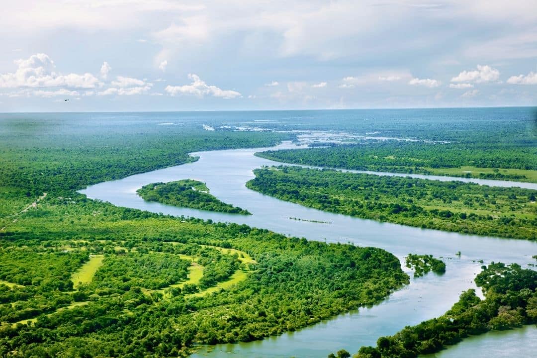 Aerial view of the Zambezi River flowing through green landscape in Zimbabwe, near Victoria Falls