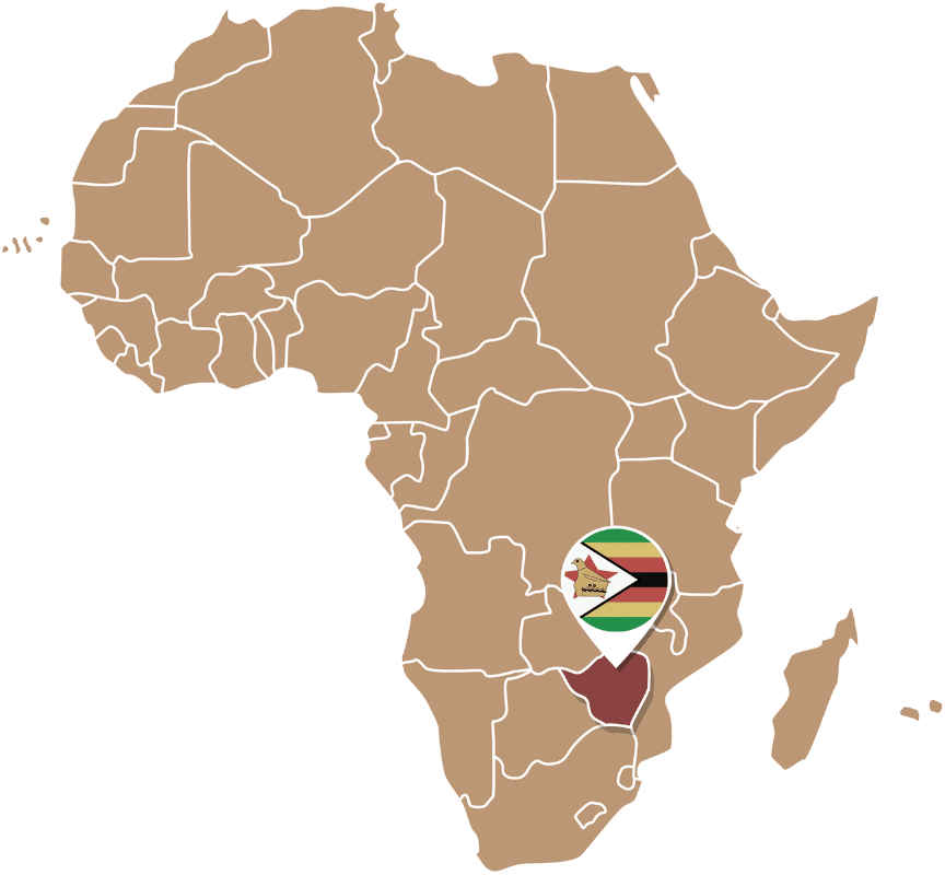 Map of Africa with Zimbabwe highlighted, showing its location in southern Africa