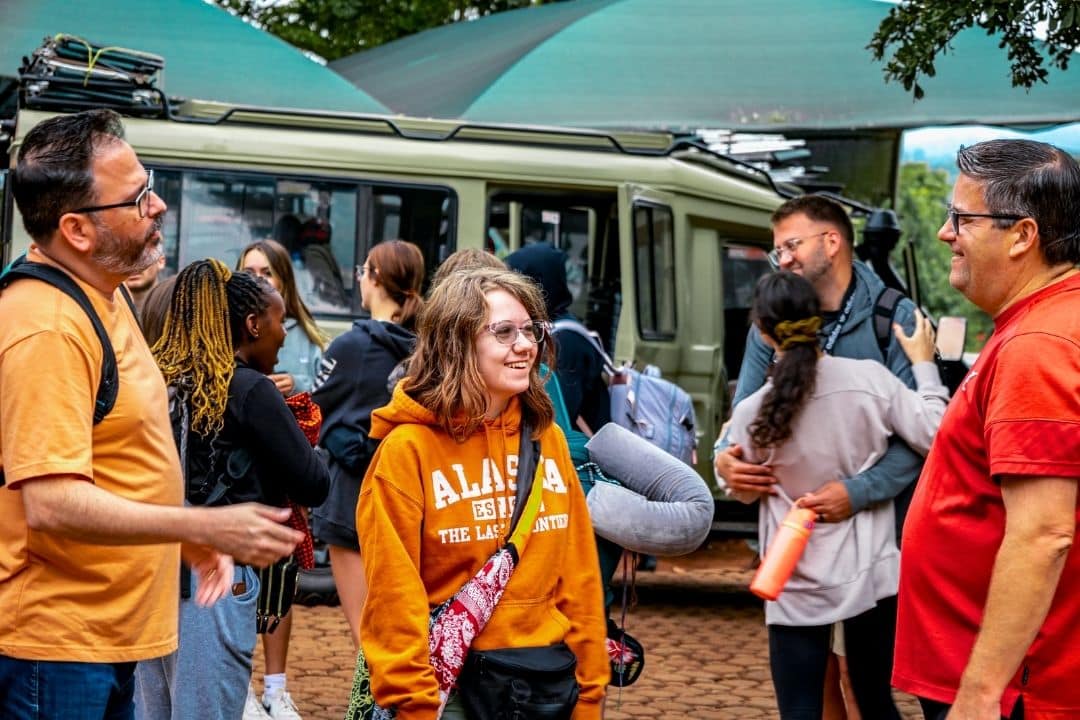 Travelers visiting the Ngorongoro Conservation Area entrance in Tanzania