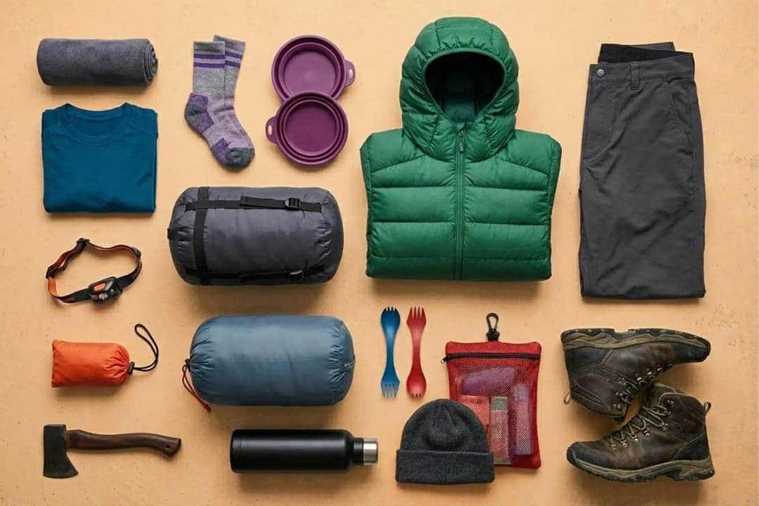 Essential Kilimanjaro trekking gear including hiking boots, warm clothing, gloves and sleeping bag